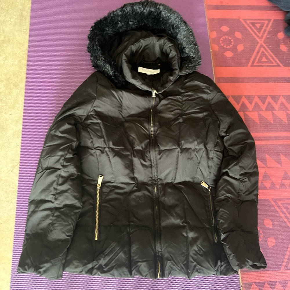 Calvin Klein Black Puffer Jacket with Faux Fur Hood